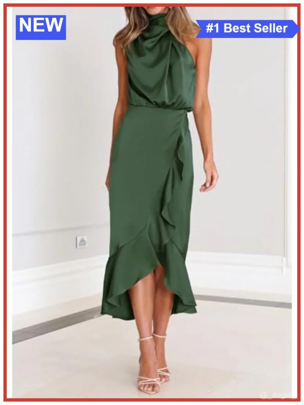 Women's Satin Mock Neck Wrap Midi Dress with Ruffles & Elastic Waist